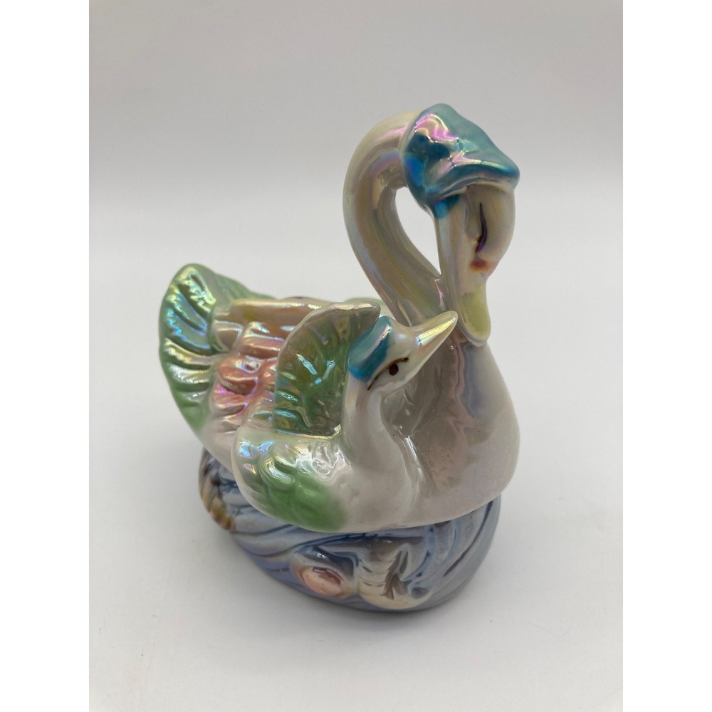 Vintage Iridescent Ceramic Swan Lidded Trinket Box Ocean Seashell Starfish